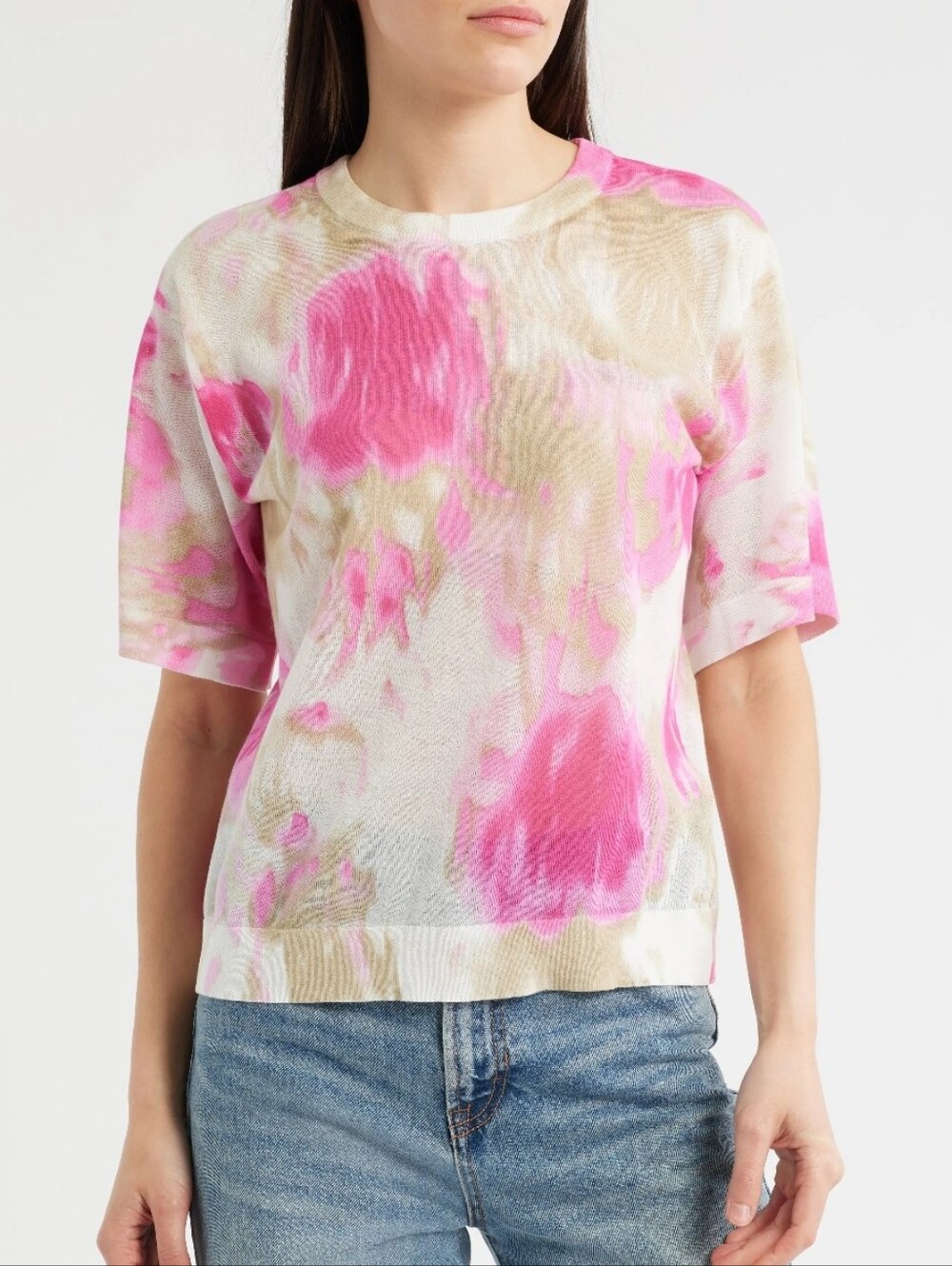 DKNY Pink & Beige Watercolor Short Sleeve Knit Crewneck Lightweight Sweater